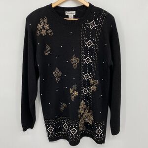 Vintage Sweater Jumper Size Large Black Beaded Shoulder Pads Pullover Carol Rose